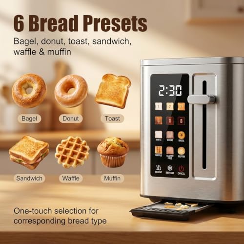 Image of 2026 Upgraded TAZTIR Touch Screen Toaster 2 Slice, Premium Stainless Steel Digital Bread Toaster with Timer, 1.5'' Wide Slot, 6 Shade Settings & 6 Bread Types, Bagel Defrost Reheat Cancel Functions