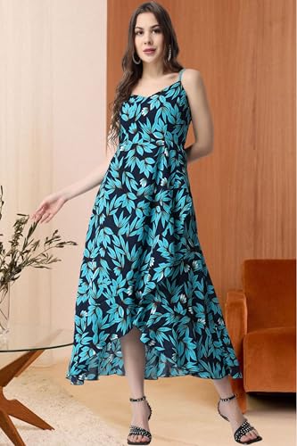 Image of POPWINGS Blue Floral Printed Maxi Length Fit & Flare Dress for Women || Summer Stylish Dress for Women Western