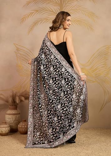 Image of TRENDMALLS Women's Georgette Multi Colour Resham Thread Embroidery with Siroski work Saree with Unstitched Blouse Piece