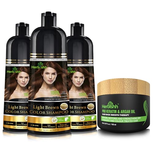 Herbishh Ultimate Grey Hair Color Shampoo Kit (3 Dye Shampoos + 1 Argan Mask) Smooth and Long-Lasting Color for Men & Women - Easy & Quick to Use Combo (Light Brown)