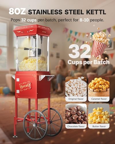 Image of 8 oz Popcorn Machine Cart, Pop corn Maker Machine Makes Up to 32 Cups, Movie Theater Pop corn Machine with Stainless-Steel Kettle&Heated Warming Deck, Red