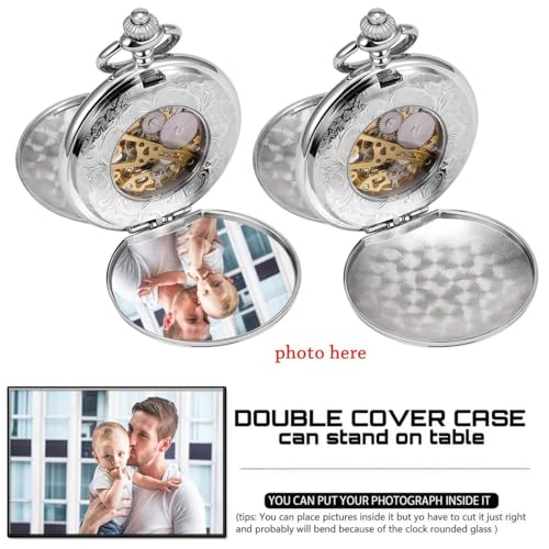 Image of ManChDa Mechanical Roman Numerals Dial Skeleton Pocket Watches with Box and Chains for Mens Women