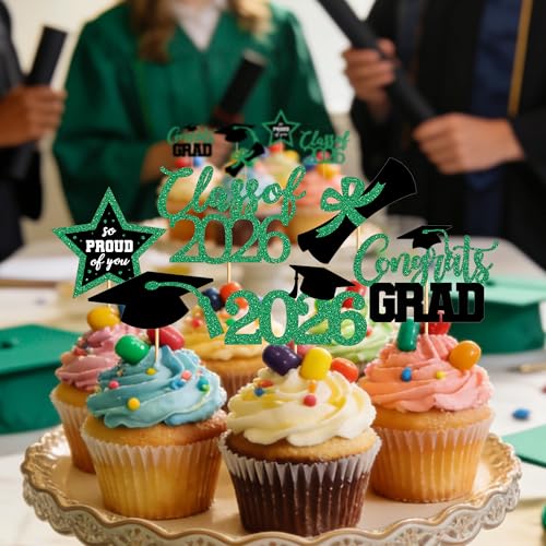 Image of 48 PCS Grad Cupcake Toppers, Glittery Congrats Graduation Cake Topper, 6 Styles Graduation Decorations, Black and Green Cap and Diploma Cake Picks for Class of 2026 Grad Party Decorations Supplies