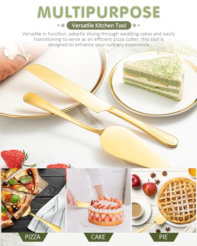 FTAKRY 2-Piece Premium Cake Cutting Set, Exquisite Knife and Server with Serrated Design, Includes Cake Knife and Pie Spatula for Pastry, Pizza and Desserts (Gold) - Thumbnail 6