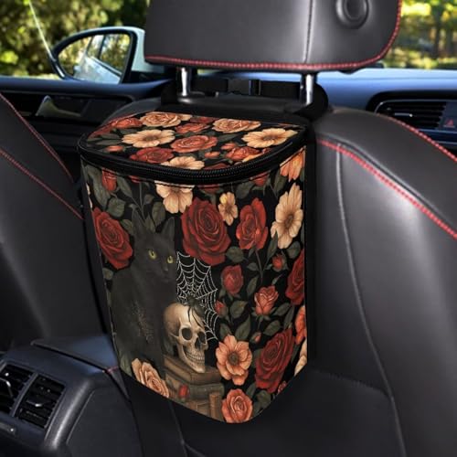 Image of Talayituse Cat Skull Spider Web Rose Flower Print Car Trash Can with Adjustable Straps, Car Trash Bag Bin Car Garbage Bag Multipurpose Storage Box Halloween Decor for Vehicle Travel Camping Picnicing