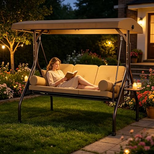 Image of SUNCROWN Outdoor 3 in 1 Porch Swing Chair, 3 Seat Patio Swing Glider with Adjustable Canopy, Heavy Duty Swings with Thickened Cushions, Pillows & Cup Holders for Garden, Backyard, Porch, Brown