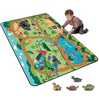 Tinideya Kids Dinosaur Playmat Rugs, 4x6 ft Kids Car Road Carpet with Dinosaur Toy Car, Rubber Backing, Non-Slip, Children Play Mat for Boys Girls Bedroom Playroom Classroom Kindergarten Daycare