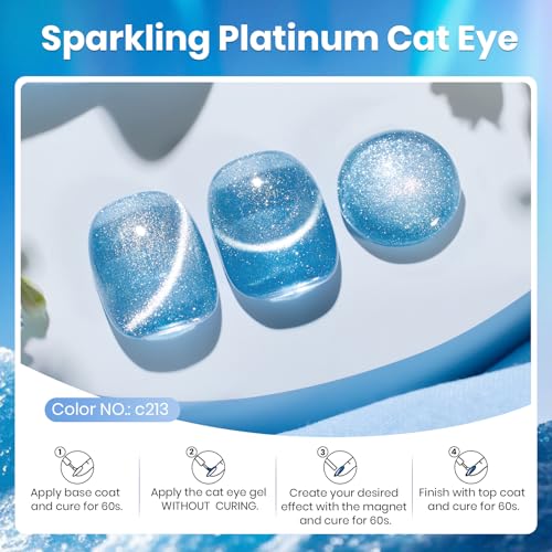 Image of Beetles Blue Cat Eye Gel Polish, 15ML Light Blue Cat Eye Glitter Gel Polish with Magnet Soak Off UV Shimmer Velvet Gel Arctic Aurora Series French Nail Art Design Manicure Gifts for Women