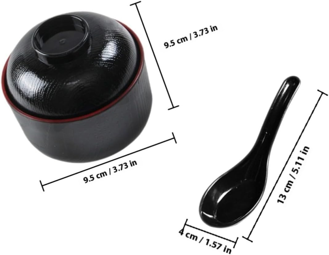 Japanese Style Covered Soup Bowl with Spoon Black Melamine