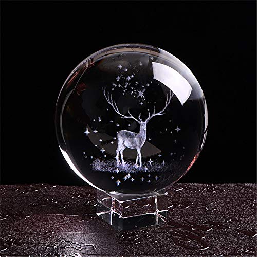 Lucky House Cristal Wapiti Ball Miniature 3D Laser Gravé Verre Ornement Globe Cristal Artisanat Décorations pour La Maison d'anniversaire Cadeau (80mm)