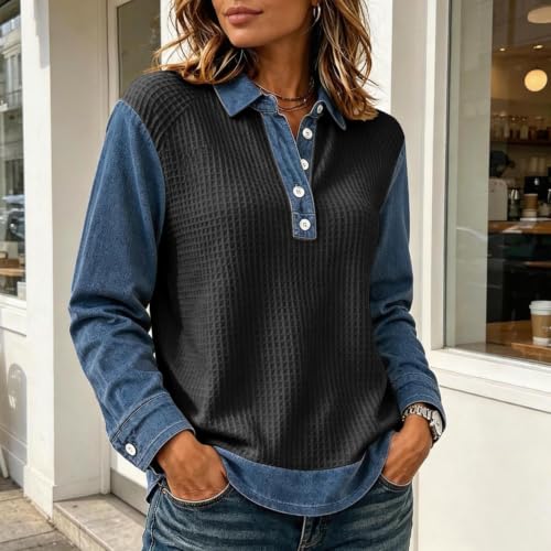 Waffle Tops for Women Denim Patchwork Collared Button Fall Shirts - image 4