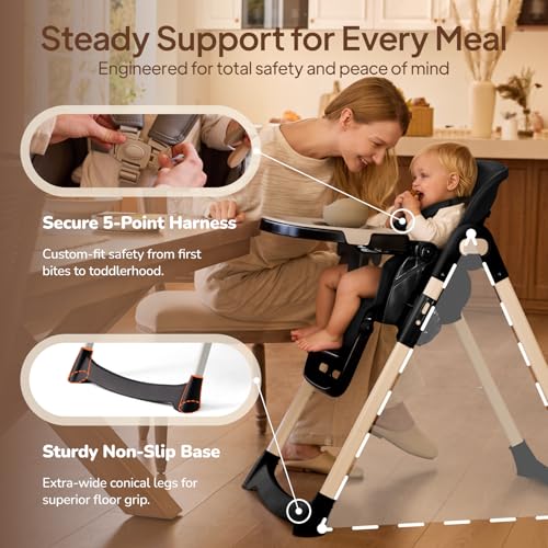 Image of Tinyiota 4 in 1 High Chair for Babies and Toddlers with Wheels, 8-Height Adjustable & 3-Position Recline, Easy Clean, Dishwasher Removable Tray, Foldable HighChair for Infant, Meets ASTM Safety, Black