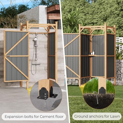 EROMMY Outdoor Shower Enclosure with Lockable Door, Weatherproof Outdoor Shower Stall with Metal Panels, Hooks & Shelves - Perfect for Pool Wash Station, Backyard & Beach Rinse Area Small Version