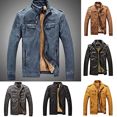 VEZAD Men Winter Plus Size Zip Jacket Thickening Coat Retro Leather Outwear Yellow