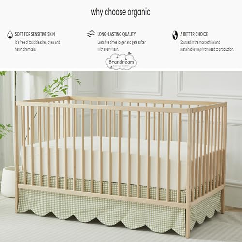 Image of Brandream Scallop Edge Cotton Crib Skirt, Baby Boy Girl Gender Neutral Crib Skirt Toddler Bedskirt Farmhouse Chic Nursery Crib Bed Skirt, Boho Bohemian Green Gingham