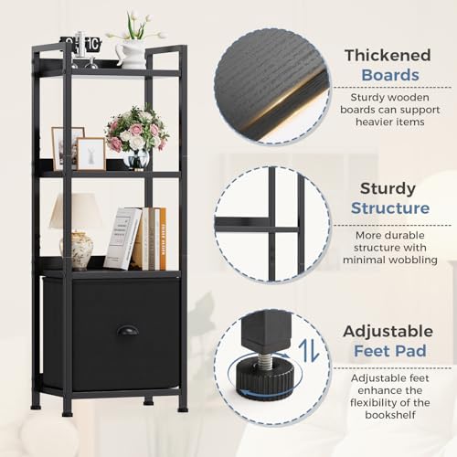 Image of DUMOS 4 Tier Bookshelf with Fabric Drawer, Industrial Bookcase, Narrow Display Standing Shelf, Wood and Metal Storage Shelf Organizer in Bedroom, Living Room, Black