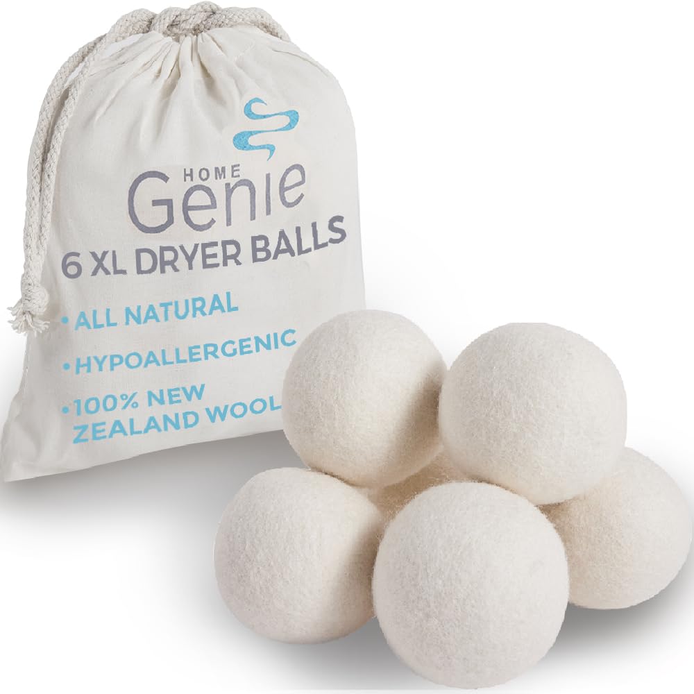 HOME GENIE Wool Reusable Dryer Balls XL 6 Pack, Anti Static Fast Drying Laundry for Pet Hair, Reduces Clothing Wrinkles, Lint, Natural Fabric Softener Essentials, Replace Dryer Sheets, Over 400 Loads