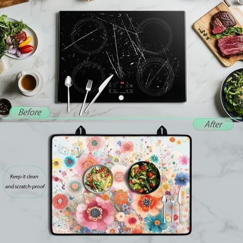 Image of Vintage Flower Extra Large Stove Top Cover for Electric, Ceramic Glass Electric Stove Top Cover, Range Protector for Gas Burners, Dish Drying Mat for Kitchen, Washable(30 inchx21 inch)