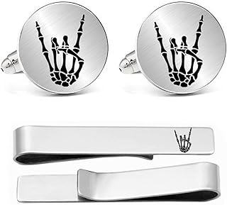 Kooer Cufflinks For Men, Stainless Steel Rock On Skeleton Rock Hand Cufflinks And Tie Clip Set Mens Wedding Gift (silver-and-stainless-steel, cufflinks)