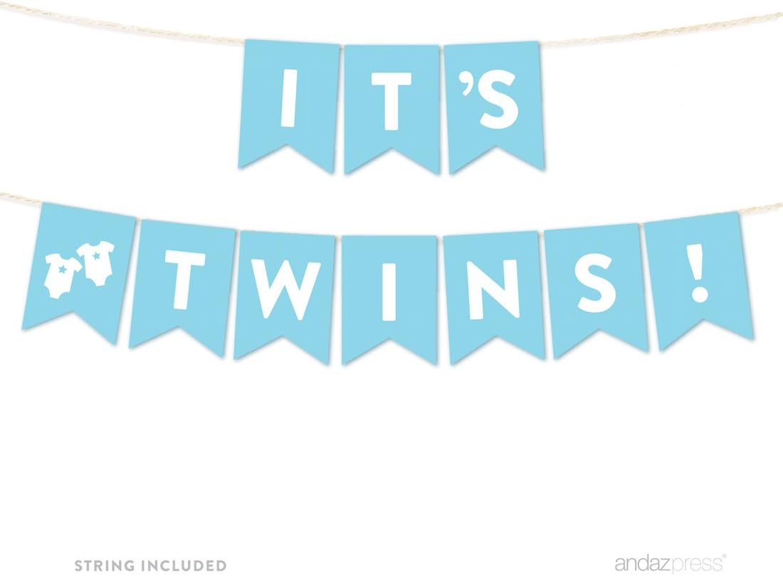 Andaz Press Boy Baby Shower Hanging Pennant Garland Party Banner with String, Baby Blue, It's Twins!, 5-Feet, 1-Set