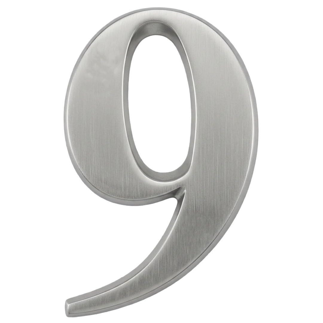 Door Number in Satin Silver Stainless Steel Finish- Self Adhesive 3" Nanocoast House Number, Times Roman Font, 9