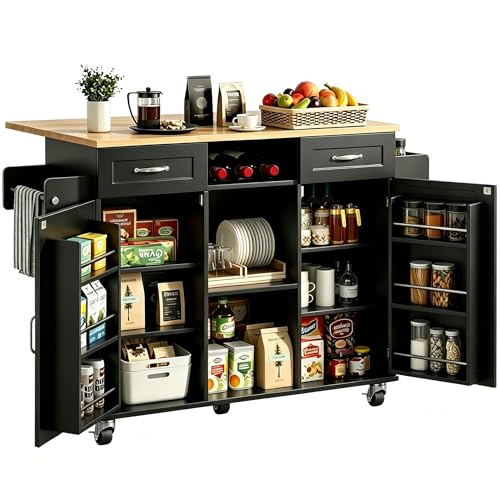 knoworld 51.5 Rolling Kitchen Island with Storage Cabinet & Drawers Drop Leaf Kitchen Cart on Wheels Farmhouse Portable Mobile Islands Large Butcher Block Table with Tower/Spice Rack Black