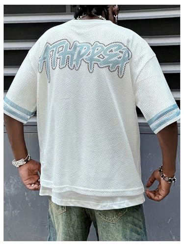 Verdusa Men's Mesh Hollow Out Letter Print Jersey T Shirt Round Neck Tee Tops2