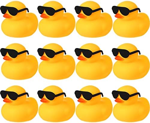 12 Pcs Rubber Ducks with 12 Sunglasses/ Hats/ Headwear/ Scarf, Valentine's Day Mini Rubber Ducks in Bulk Bathtub Toys for Valentines Gift Baby Shower Holiday Cruise (Duck with Sunglasses, Yellow)