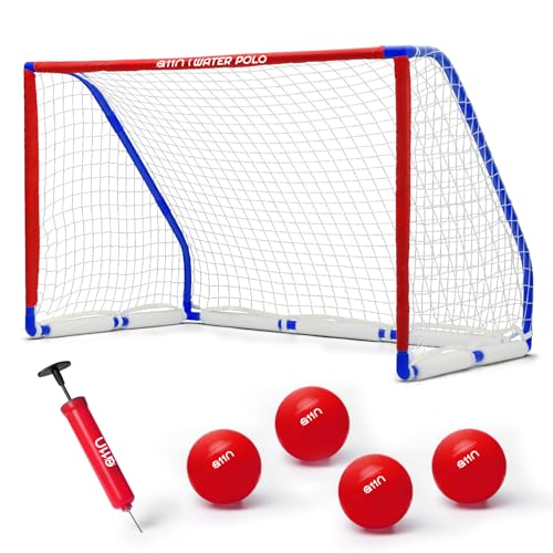 A11N Sports Floating Water Polo Goal Set – Large 4.7ft x 3.1ft Pool Net with 4 Balls – Fun Summer Backyard & Pool Game - Blue & Red