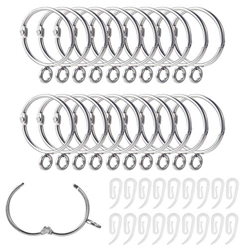 Curtain Rings and Hooks, 20pcs 32mm Internal Diameter Silver Curtain Ring Metal & with Curtain Hooks, Loose Leaf Ring - Easy to Open/Close, Rail for Hanging Rings Curtains and Pole rail (Silver)