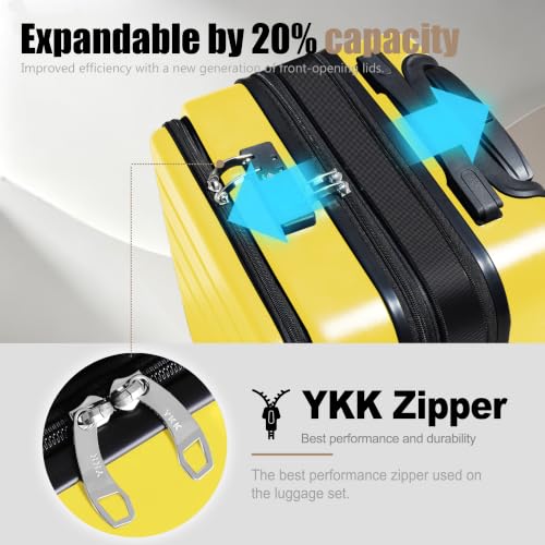 Image of KEYTANG SmileLine 3-Piece Luggage Set Lightweight Hardside Suitcase TSA Lock Spinner Wheels, 20 inch Expandable Carry-On Luggage with Quick Access Front Open Pocket, Bonus Makeup Bag,Yellow