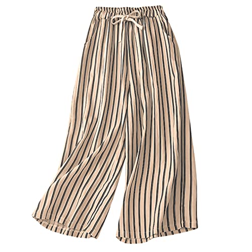 Linen Pants Women Wide Leg High Waist Palazzo Pants Casual Striped Flowy Lounge Pants Beach Vacation Trousers
