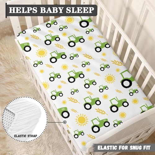 Image of Green Tractor Farm Fitted Crib Sheet Yellow Sun and Rice Crops Standard Crib Mattress Fitted Sheet Baby Toddler Bed Mattress Sheets for Boys Girls 28 inchx52 inch
