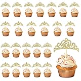 24pcs Crown Cake Topper, Princess Cupcake Toppers, Gold Glitter Crown Cake Pick Decorations for Birthday Party, Gold Crown Picks Party Decorations for Wedding, Baby Shower