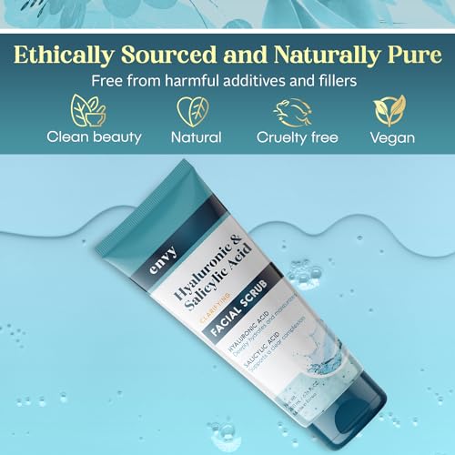 Envy Hyaluronic Acid & Salicylic Acid Face Scrub - Anti-Aging, Gentle Exfoliating, Hydrating & Moisturizing - Dermatologist Tested, Clean Beauty for All Skin Types - 6.76 Oz