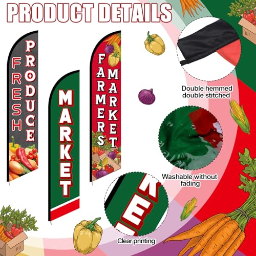 Mindsoft 3 Pcs Fresh Produce Feather Flag 12 Feet Tall Farmers Market Sign Fresh Produce Advertising Sign Farmers Market Feather Advertising Flag for Vegetable Business Outdoors Events Publicity