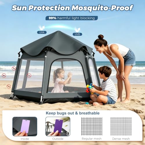 Image of Foldable Baby Playpen with Canopy: Durable 450D Oxford & Aluminum, Gray | Pop-Up Play Tent, Easy Setup, UPF50 Sun Protection, Lightweight, Mosquito Net, for Beach Travel Outside Indoor, for Kid & Pet
