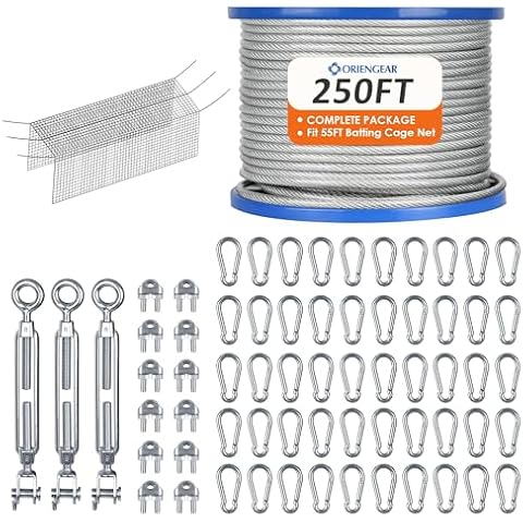 ORIENGEAR Batting Cage Netting Wire Kit for Baseball and Softball Included Galvanized Cable and Hook Set, Batting Cage Suspension Net Kits for Hitting Tunnels DIY, 55FT Cover