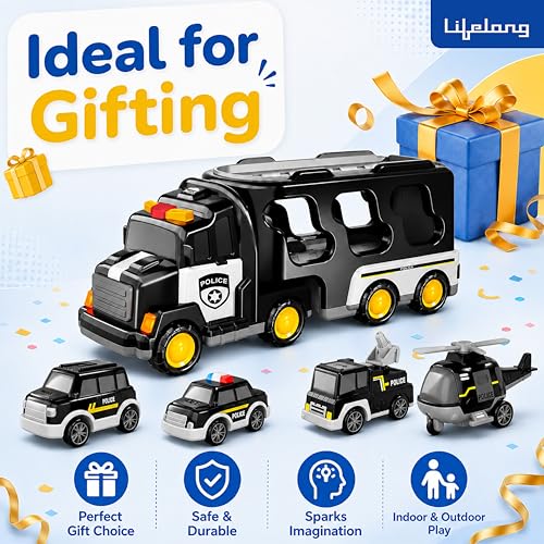 Image of Lifelong 5-in-1 Police Carrier Truck | Big Friction Powered Truck Toy with Lights, Siren & Sound | Police Car Set with Fire Truck, Ambulance, Helicopter | Birthday Gift Set for Boys, Girls 3-10 Yrs
