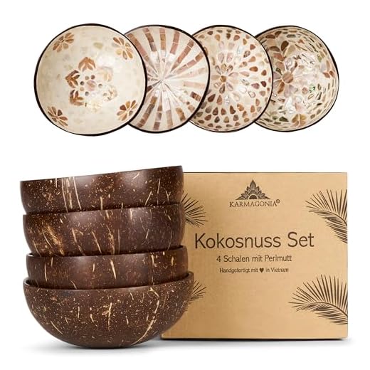 Karmagonia Kokosnuss Schale 4er Set - handgefertigte Boho Deko Schale mit Perlmutt - nachhaltige Bowl Schüssel - Snackschale und Schlüsselschale