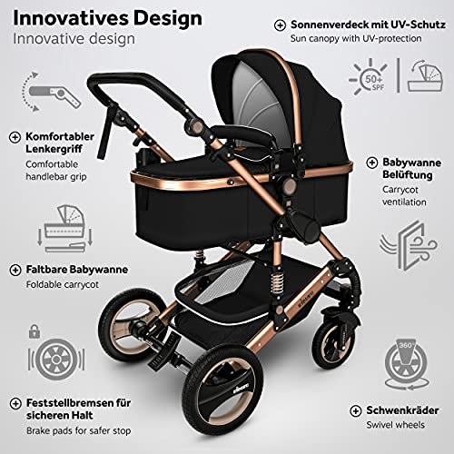 KIDUKU® 3 in 1 Kinderwagen Komplettset | Kombikinderwagen Set inkl. Babywanne Buggy Auto-Babyschale Fußsack | Voll-Gummireifen Wickeltasche Regenschutz Kindertisch (Schwarz/Kupfergold)