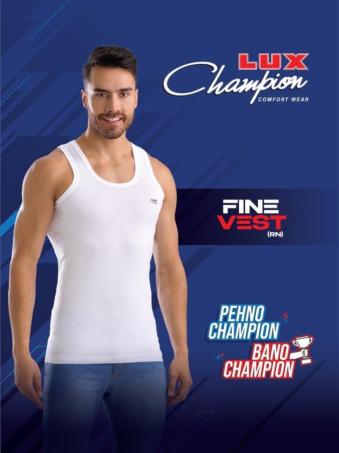 Image of Lux Champion Men's Cotton Vest RN | 100% Super Combed Cotton | Round Neck, Sleeveless, Breathable, Sweat-Absorbent Comfortable Lux Vest for Daily Use | Pack of 5