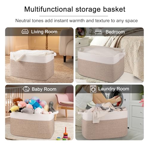 Image of OIAHOMY Extra Large Blanket Basket, 95L Cotton Rope Woven Laundry Basket, Toy Bin for Baby Room, Container for Blanket Storage in Living Room, 24''x17''x14'', Brown & White