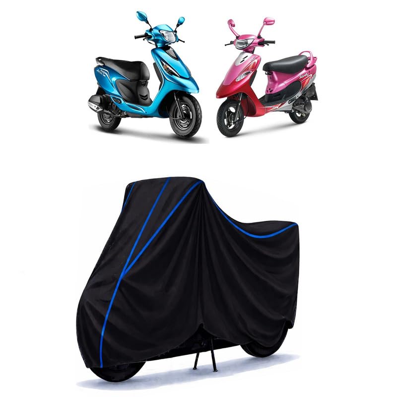 Image of Scooty Cover Water Resistant for Pep Plus BS6 | Universal Scooter & Bike Cover | Heavy Duty UV Dust, Rain & Scratch Protection | Elastic Fit All Weather Indoor Outdoor | Black with Blue Piping