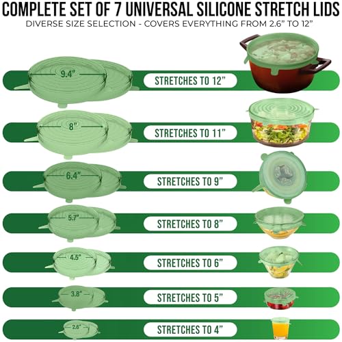 Image of Reusable Silicone Stretch Lids for Food Storage in Fridge - Elastic Heat-Resistant Bowl Covers, Cups, Cans, Jars - Universal Food Grade Lid for Containers - 7 Pack - Light Green Stretchy Lid Set