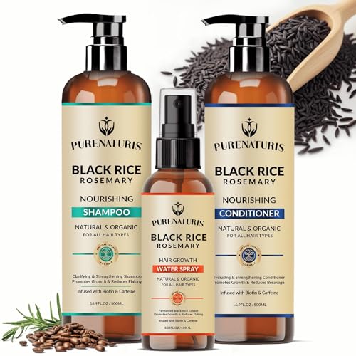 Organic Rosemary Black Rice Water Shampoo Conditioner Set for Hair Growth, Rice Water Spray, w/Rosemary Water, Biotin, Caffeine, Routine Shampoo for Women Men Hair Loss Thickening, Longer