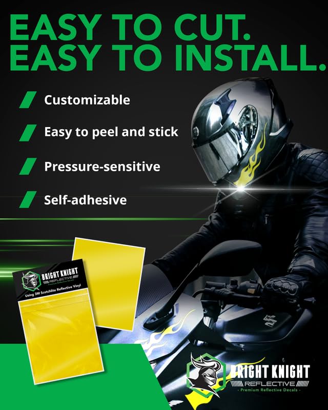 Image of Bright Knight Decals Yellow 3M Reflective Tape - 10x12 Flat Sheet Vinyl Motorcycle Helmet Stickers, Waterproof Safety Vinyl Wrap, Reflective Stickers for Helmet, Hard Hats, Cars, Bikes & Rims