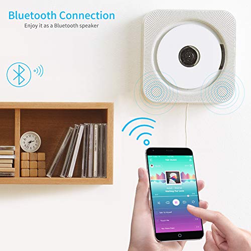 Portable CD Player with Bluetooth, Wall Mountable CD Music Player Home Audio Boombox with Remote Control FM Radio Built-in HiFi Speakers, MP3 Headphone Jack AUX Input Output (White)