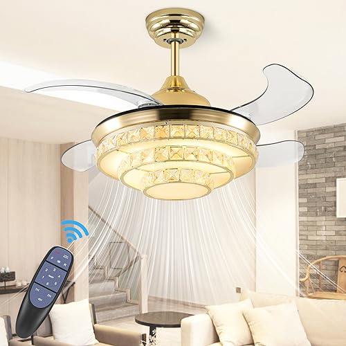 YELUFT Crystal Ceiling Fans with Lights,42" Dimmable Fandelier with Retractable Blades,Chandelier with Remote,Led Ceiling Fan for Bedroom Living Room