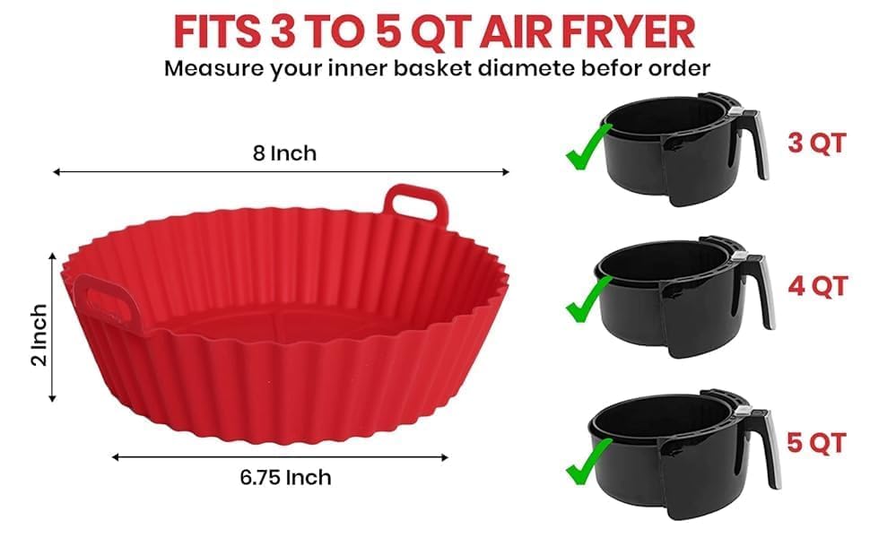 Image of Air Fryer Liners I Round Silicone Basket Baking Tray I Pot with Ear Handles I Nonstick Reusable Heat Resistant I Cooking Oven Insert Accessories - Multicolor (8 inch, Pack of 2)